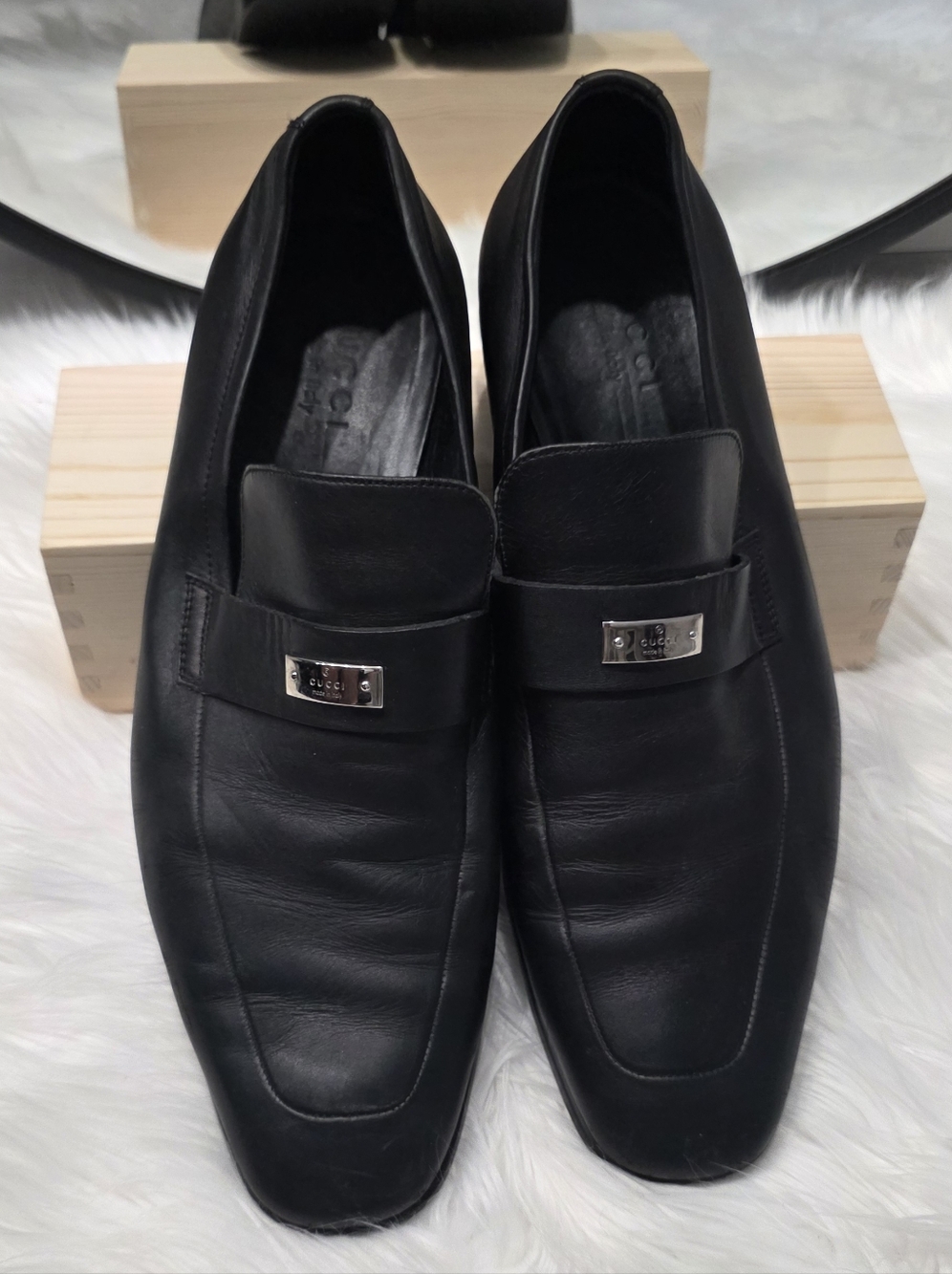Gucci Black Leather Slip-On Loafers with Silver Plaques 253304  Size 9.5